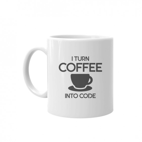 I turn coffee into code - Keramikbecher mit Aufdruck