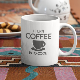 I turn coffee into code - Keramikbecher mit Aufdruck