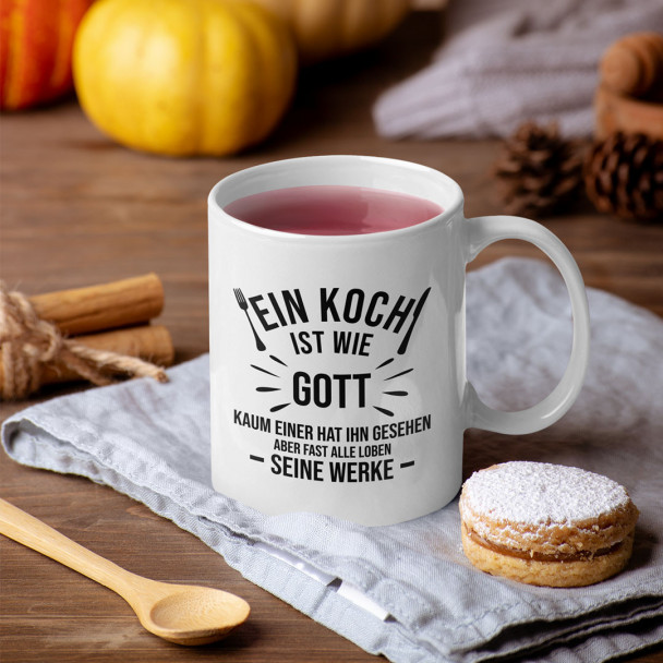 Ein Koch ist wie Gott - Keramikbecher mit Aufdruck